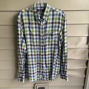Vince‎ Men's Size Medium Button Down Shirt Blue Green Plaid Linen Long Sleeve